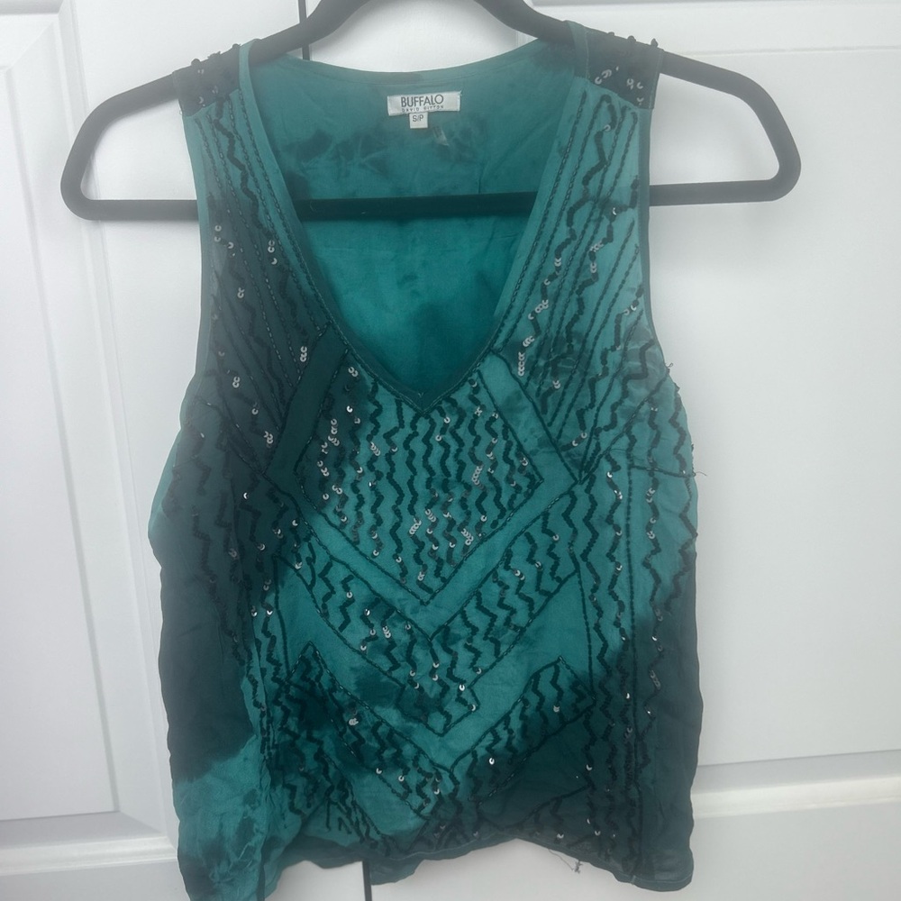 Buffalo David Bitton Green Embellished Asymmetrical Tank Top | small